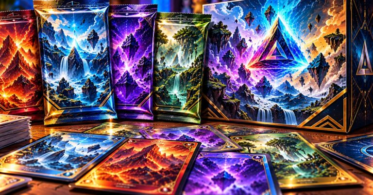 Sobres y caja de cartas coleccionables sobre una mesa