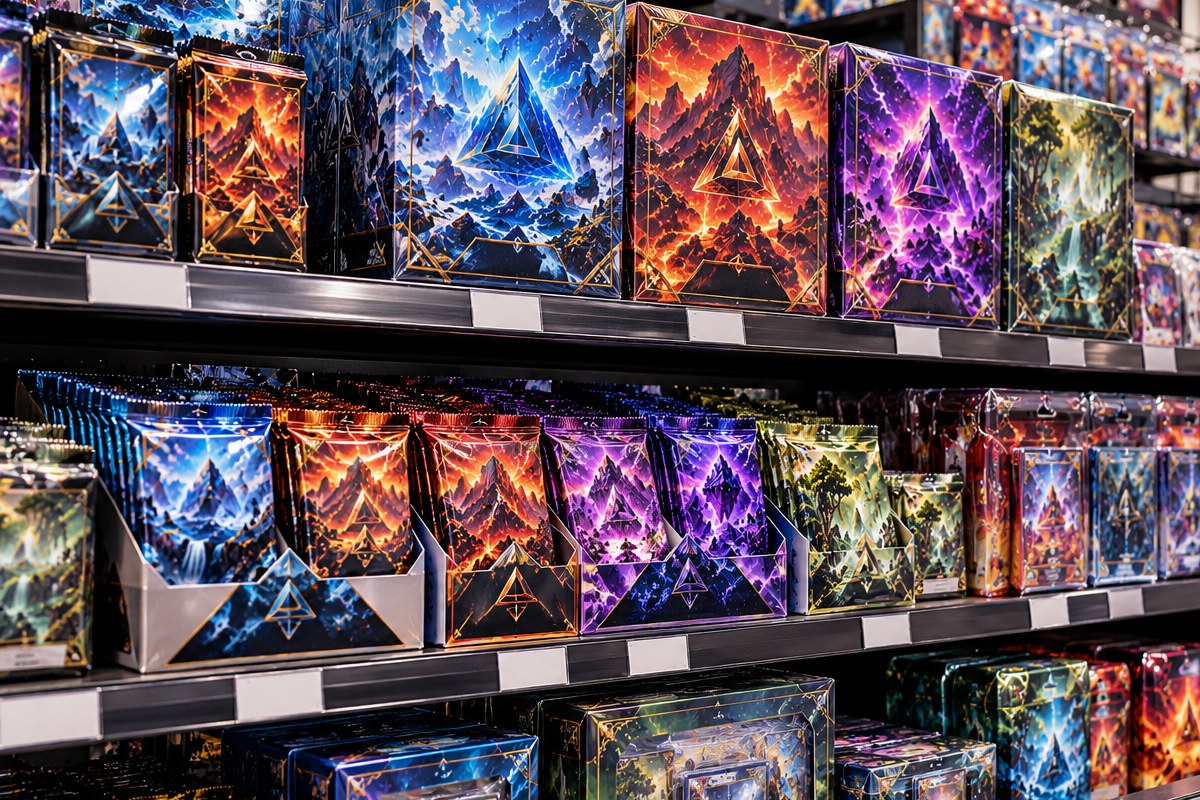 Estantería de una tienda con cajas y sobres de cartas coleccionables