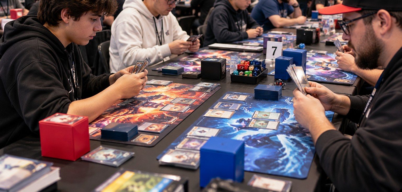 Jugadores en un torneo de cartas coleccionables en una tienda
